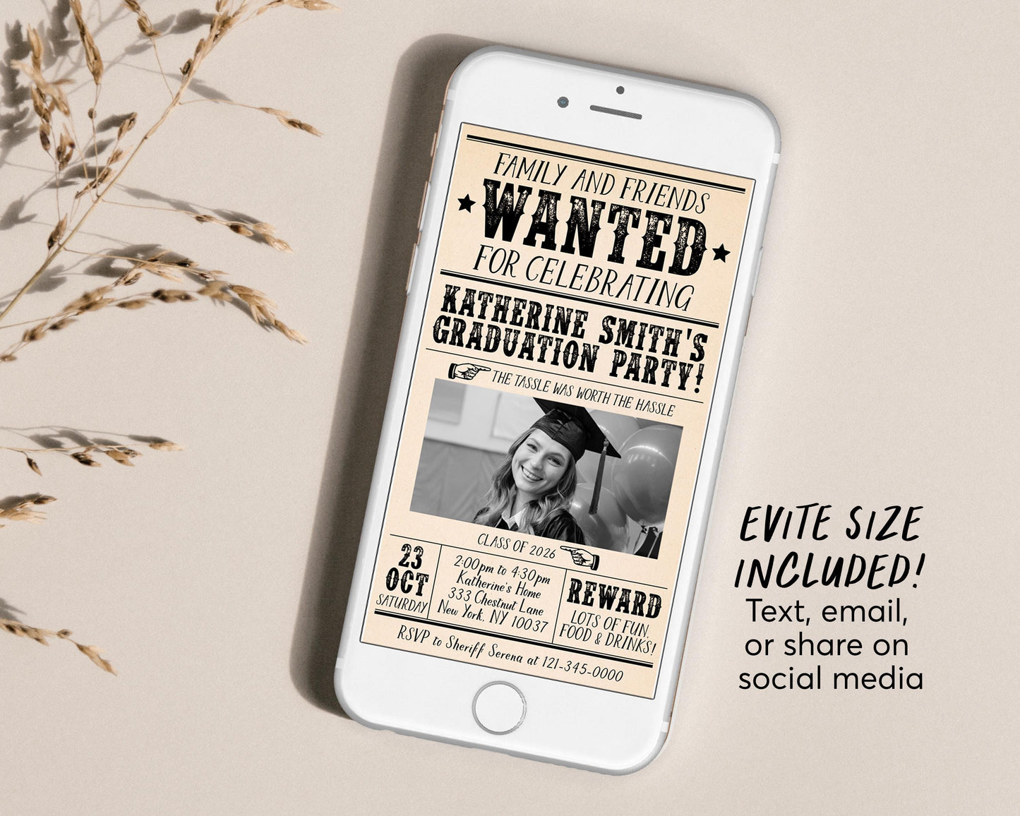 Graduation Wanted Poster Invitation Editable Template, Senior Graduation Announcement Party Newspaper Invite, Grad College High School Evite