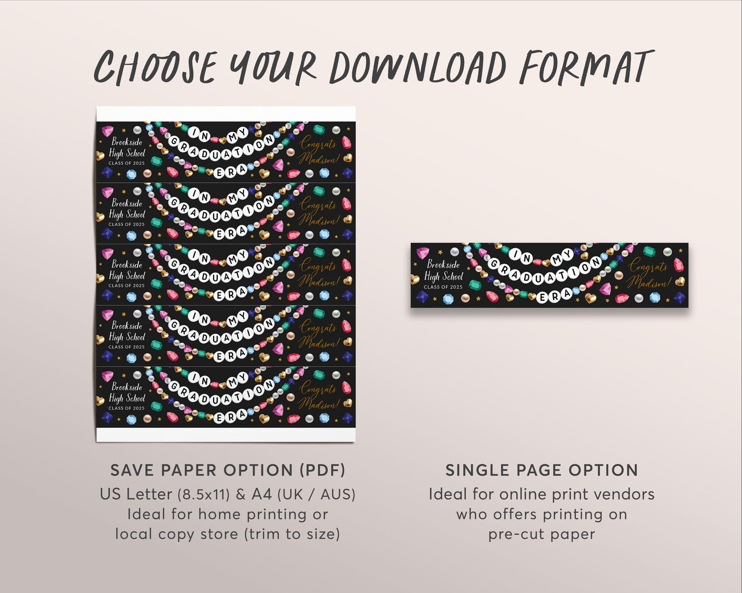 Graduation Era Water Bottle Labels Editable Template, Graduate Friendship Bracelet Party Wrapper Drink Tag Eras Graduating Class School Wrap