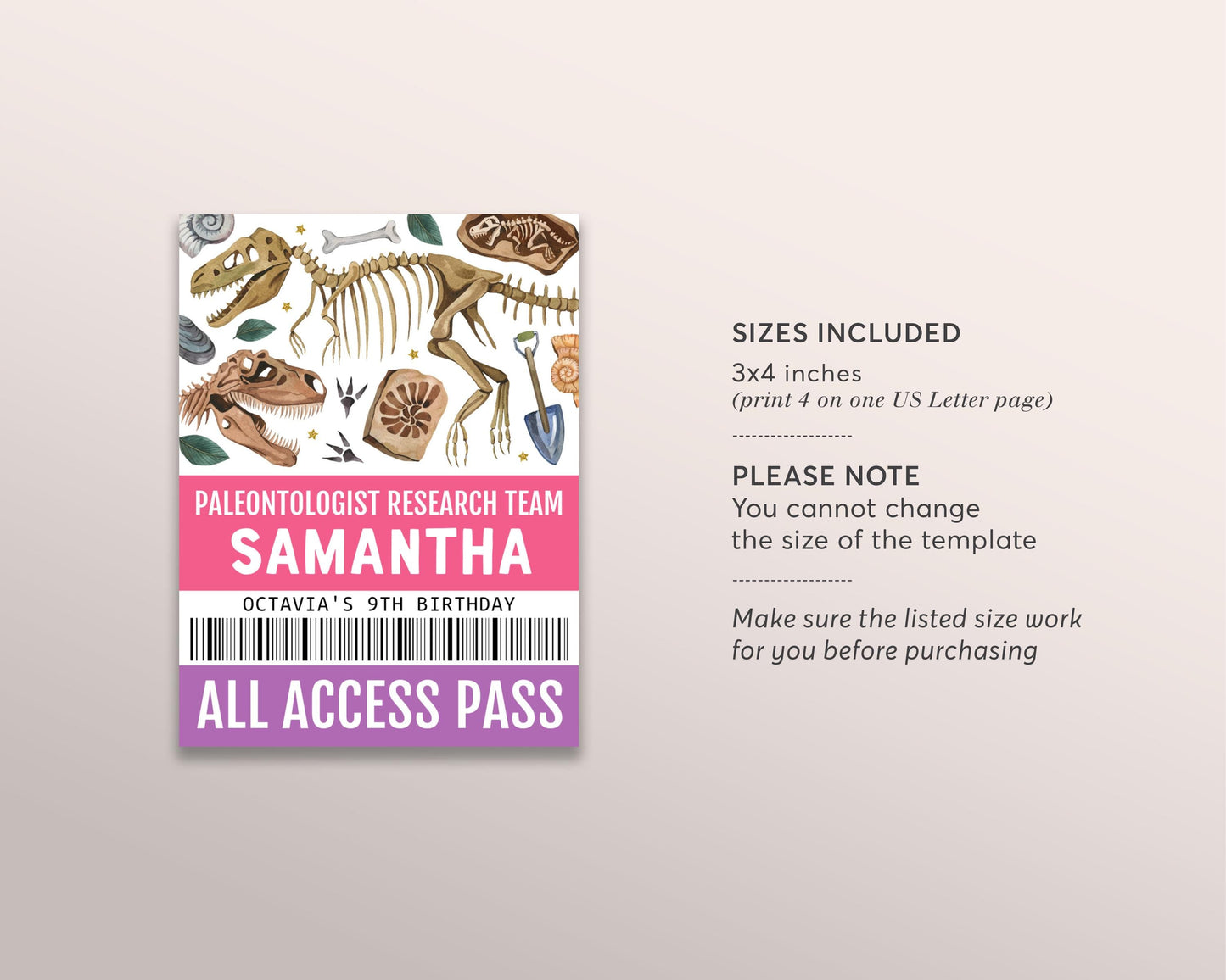 Dinosaur Party ID Badge VIP Pass Editable Template, Girl Paleontologist Dig Site All Access Pass, Fossil Dino Bones Jurassic T-Rex Party