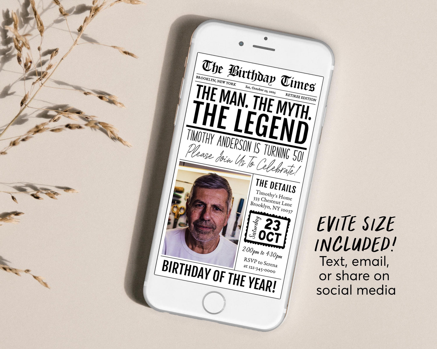The Man The Myth The Legend Birthday Invitation Editable Template, Newspaper 30th 40th 50th Adult For Men Birthday Party Invite With Photo