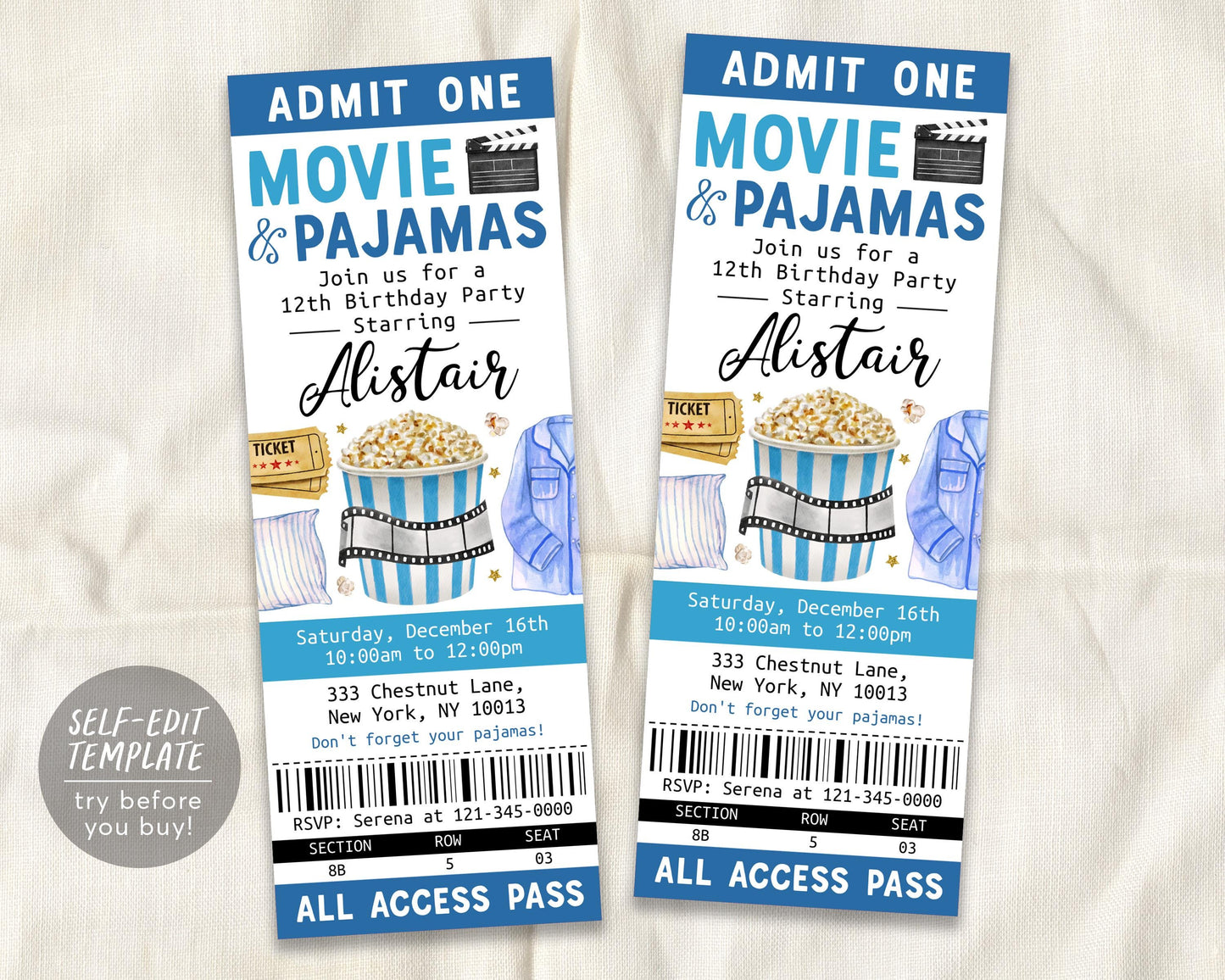 Movie and Pajamas Birthday Ticket Invitation Editable Template