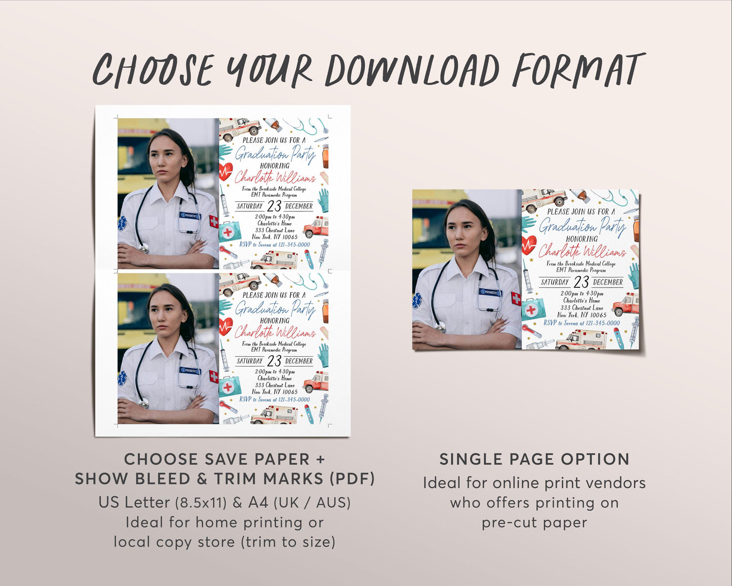 Paramedic EMT Graduation Invitation With Photo Editable Template, EMT Certification Grad Announcement Party Invite, Emergency Medical Evite