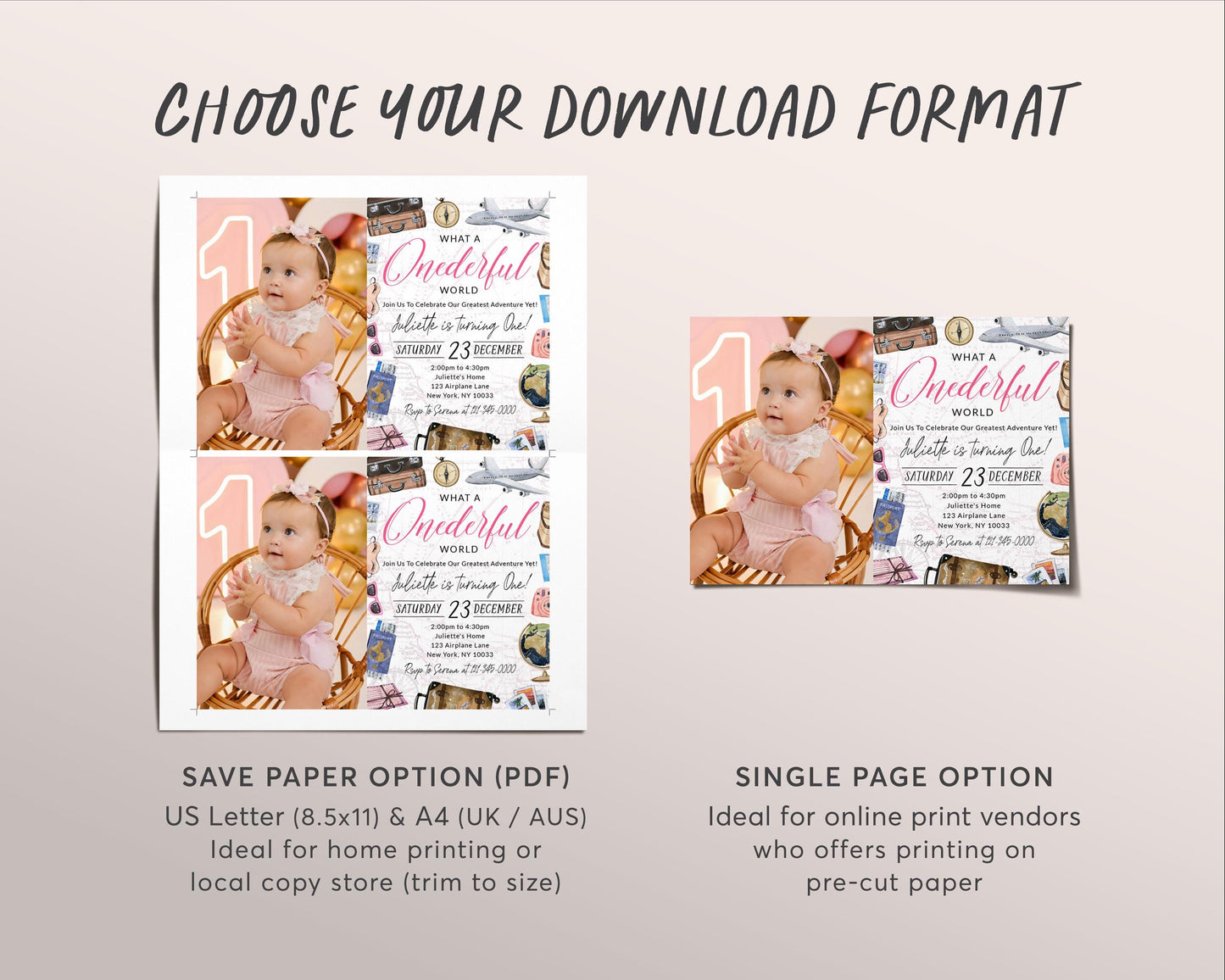 What A Onederful World First Birthday Invitation With Photo Editable Template, Girl Travel Around the World Party Invite, Vintage Map Evite