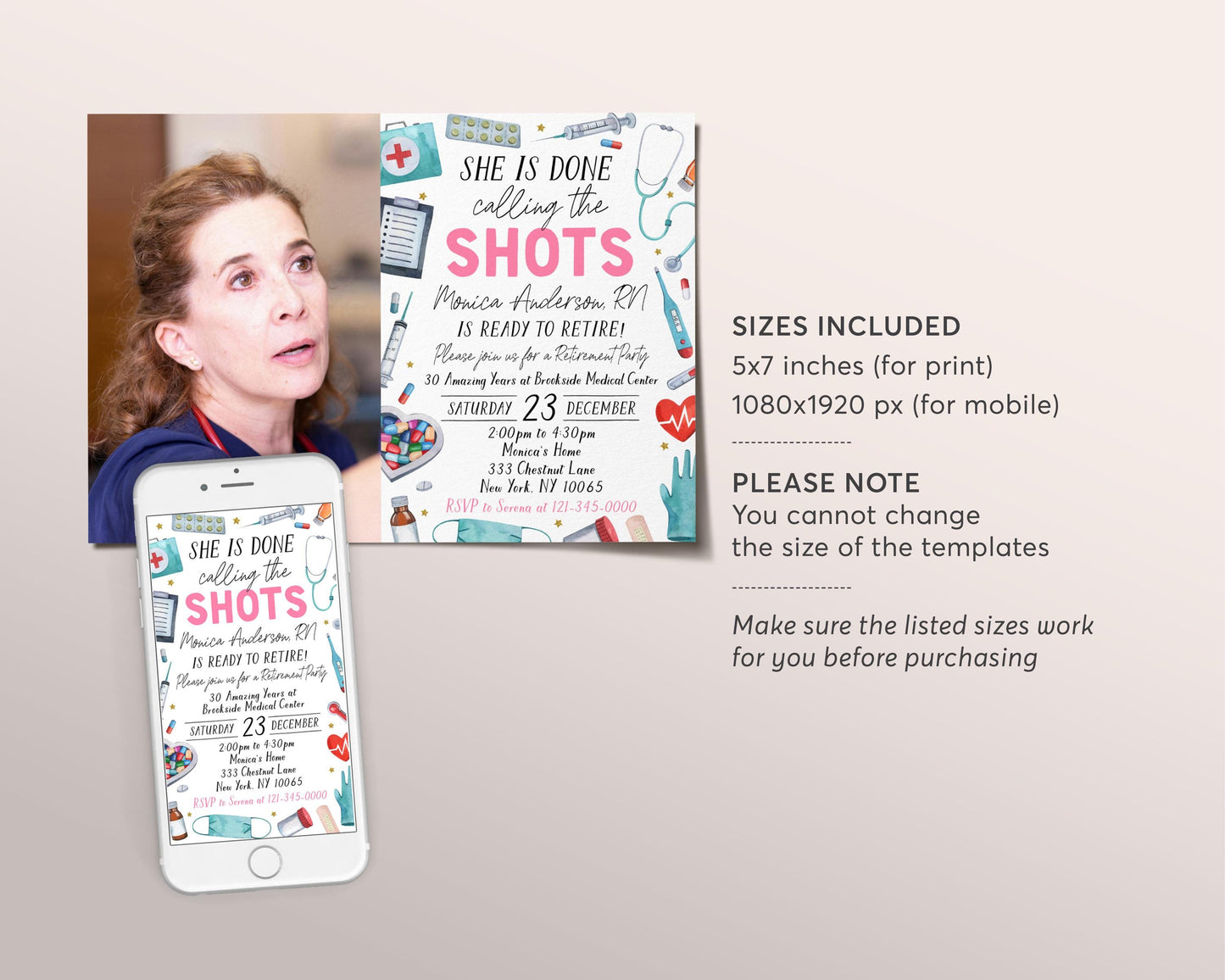 Nurse Retirement Invitation With Photo Editable Template, She Is Done Calling The Shots Retire Invite, RN Retirement Party Medical Evite
