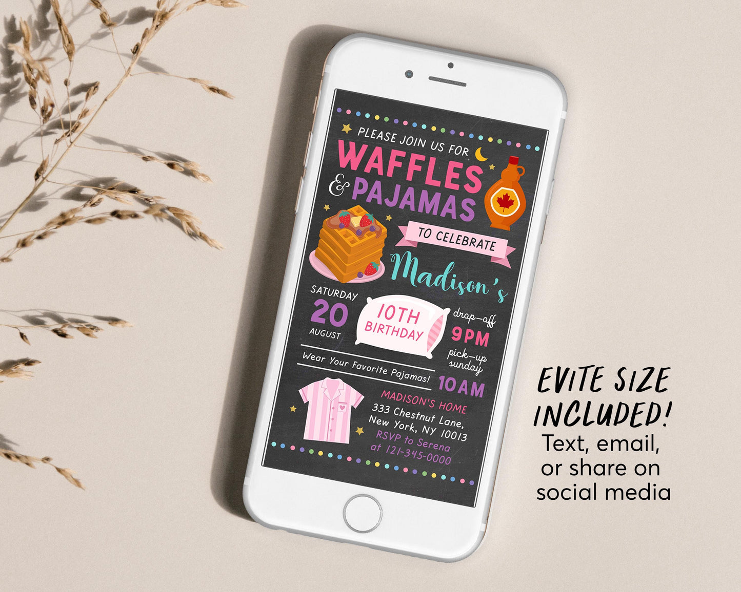 Waffles and Pajamas Party Birthday Invitation Editable Template, Girl Waffle And PJs Slumber Party Invite, Breakfast Brunch Sleepover Evite