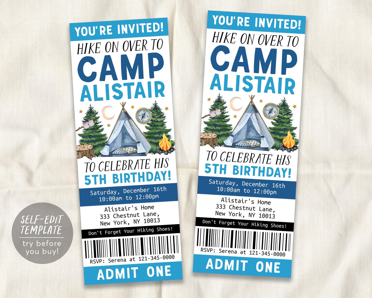 Camping Birthday Ticket Invitation Editable Template