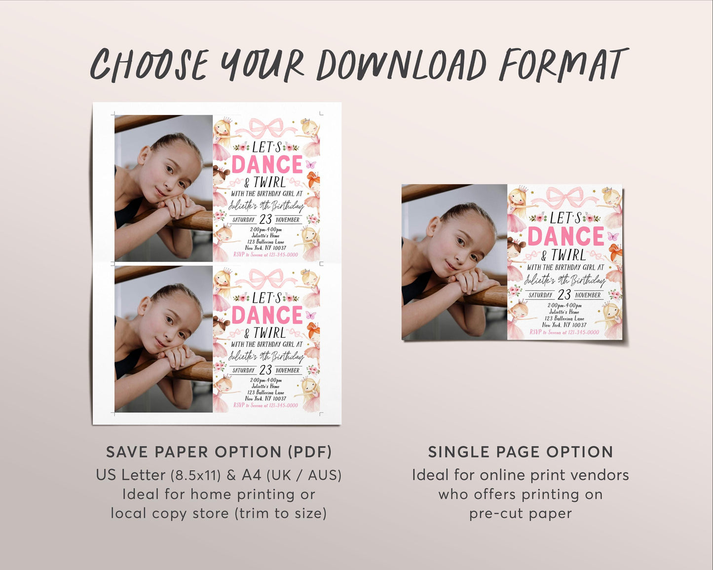 Ballerina Birthday Invitation With Photo Editable Template, Let's Dance And Twirl Invite, Kids Ballet Pink Tutu Little Ballerina Dance Evite