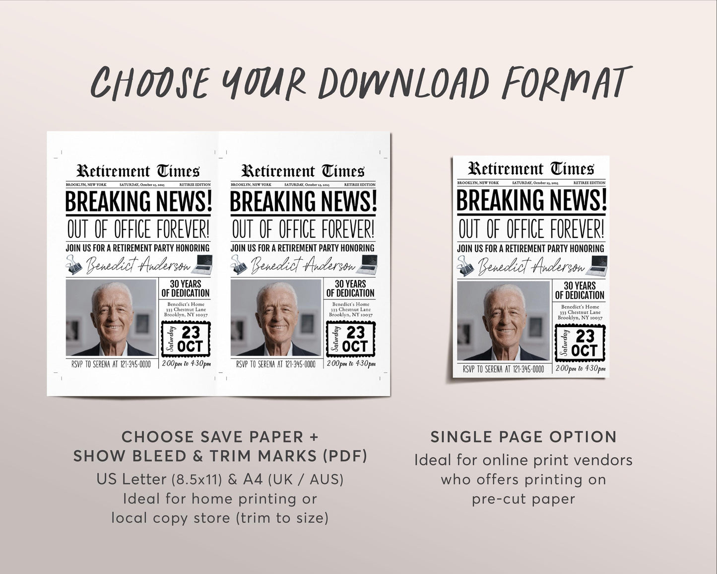 Out Of Office Forever Retirement Invitation Editable Template, Newspaper Retirement Surprise Party Invite, Retire Career Farewell Evite