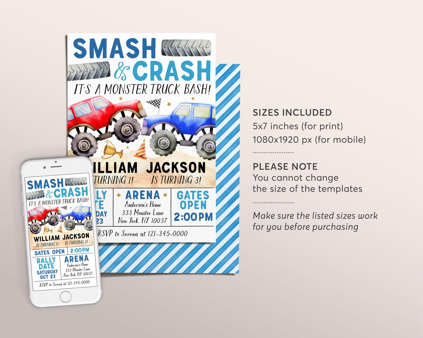 Monster Truck Joint Siblings Birthday Invitation Editable Template, Boy Twins Smash And Crash Party Invite, Monster Truck Bash Evite