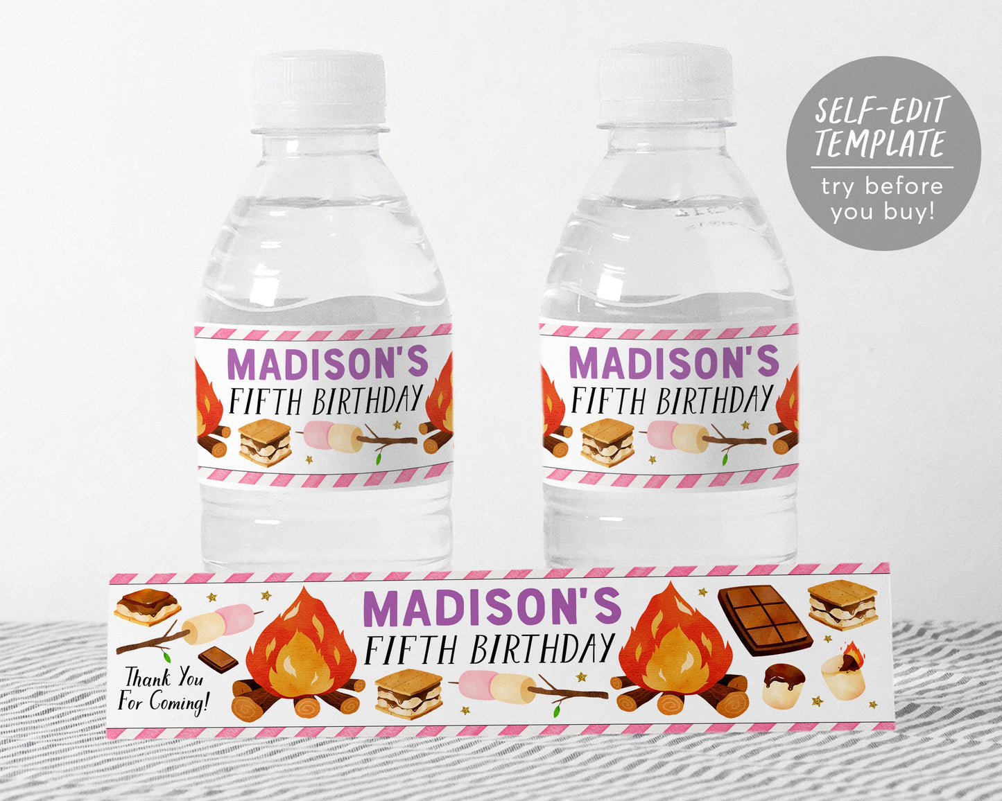 S'mores Party Water Bottle Labels Editable Template