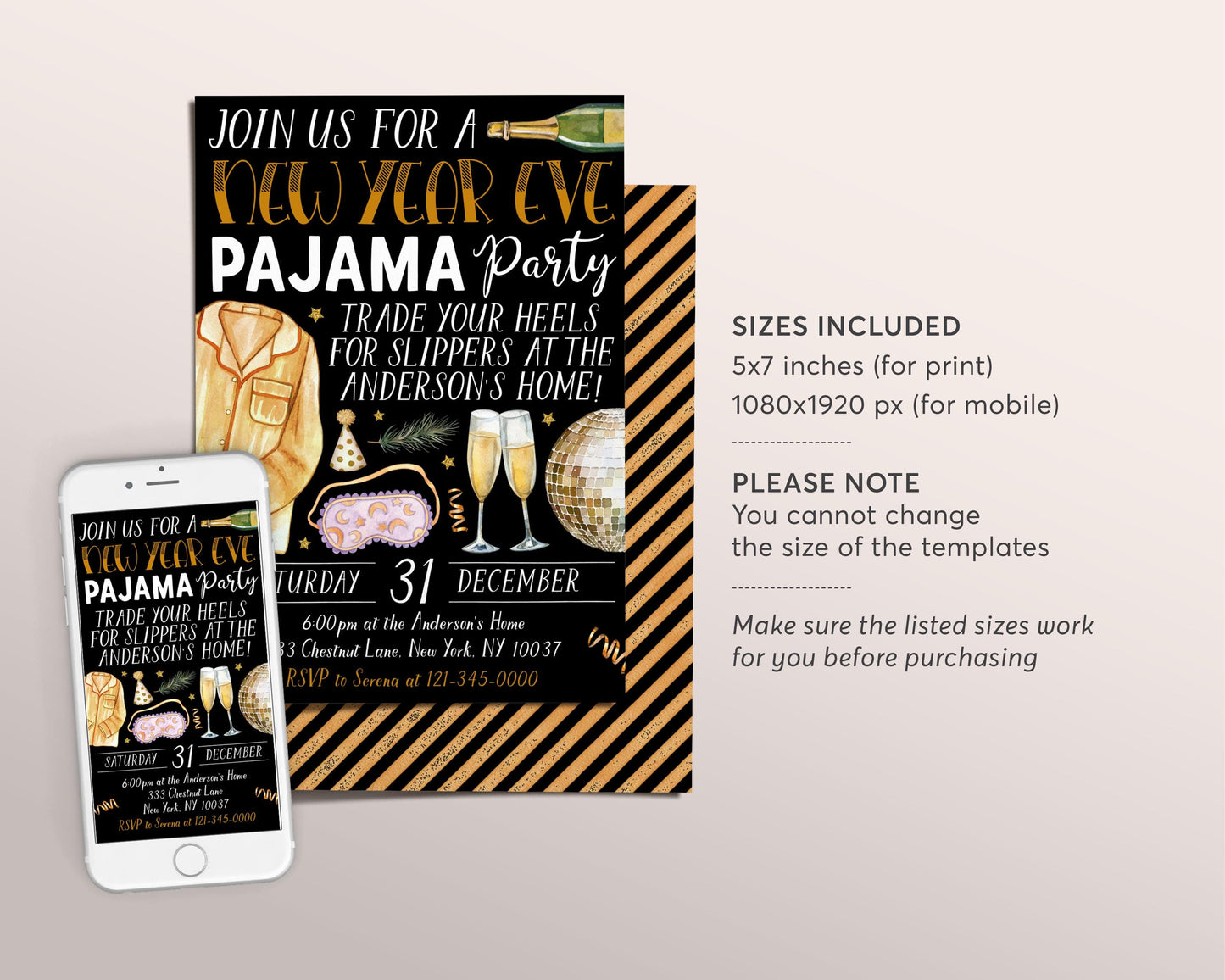 New Year Eve Pajama Party Invitation Editable Template, Adult NYE Slumber Party Invite, Black And Gold New Years Sleepover Champagne Pajamas