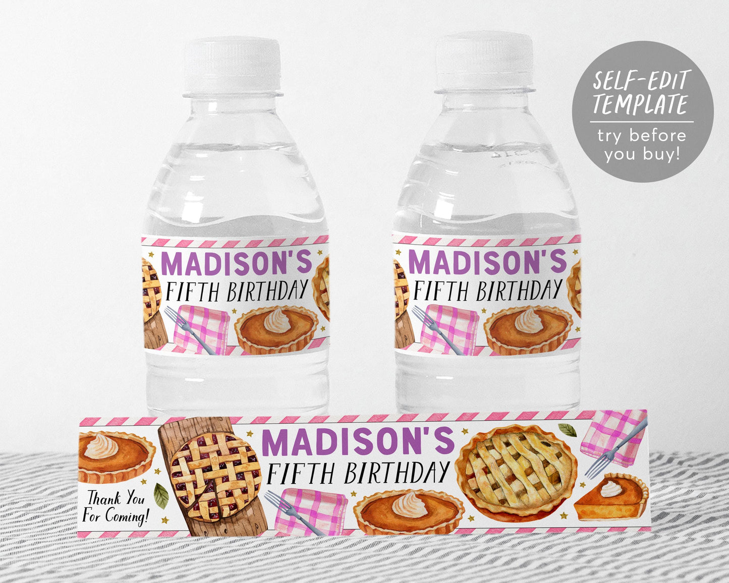 Pie Water Bottle Labels Editable Template