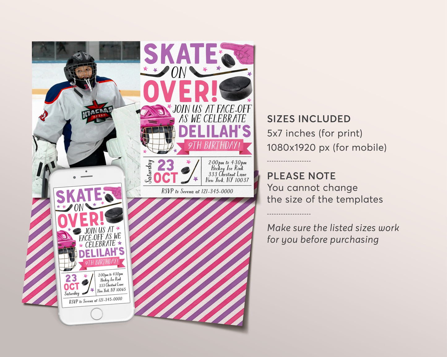 Ice Hockey Birthday Invitation With Photo Editable Template, Girl Ice Skating Hockey Invite, Kids Sports Theme Game Day All Stars Evite