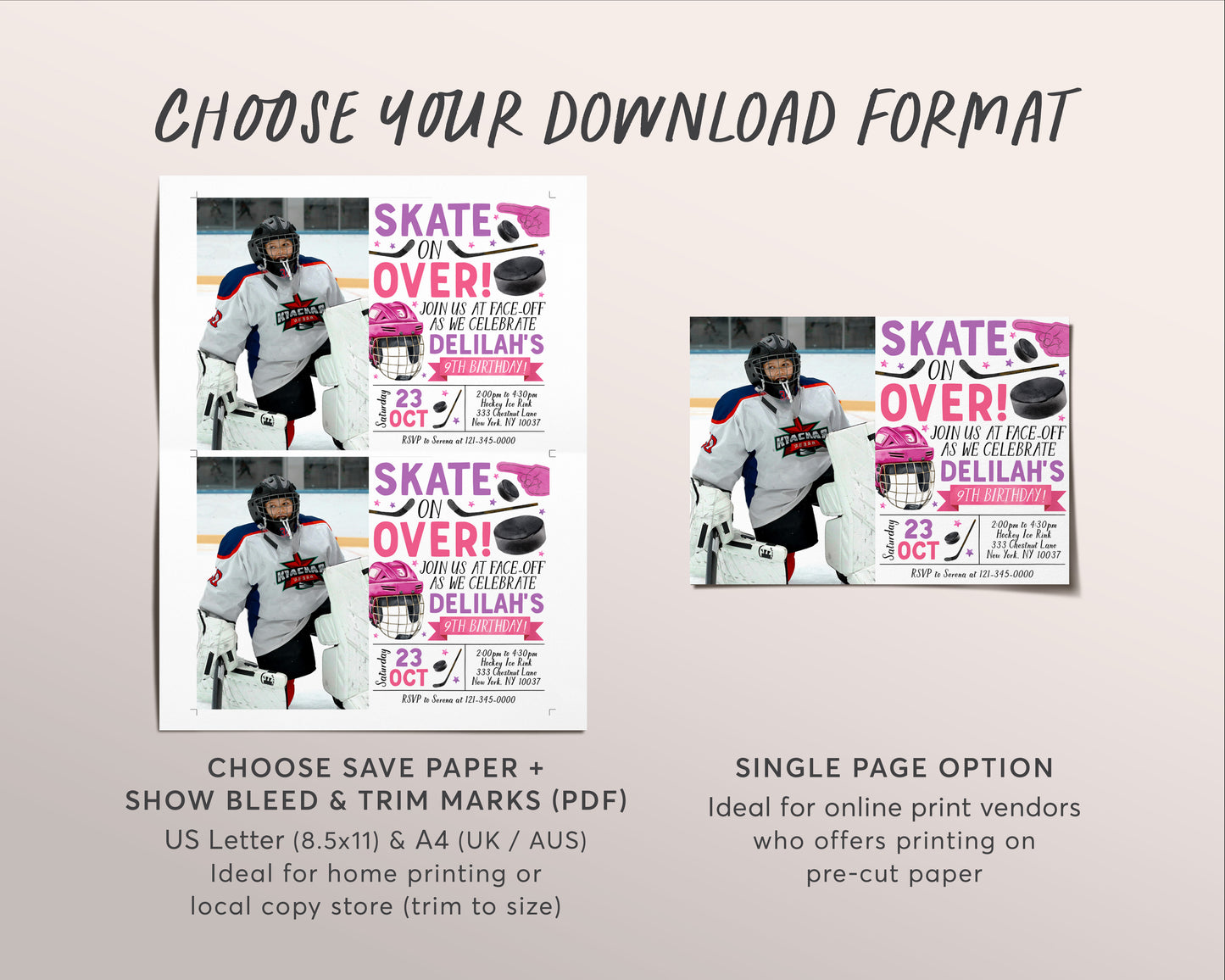 Ice Hockey Birthday Invitation With Photo Editable Template, Girl Ice Skating Hockey Invite, Kids Sports Theme Game Day All Stars Evite