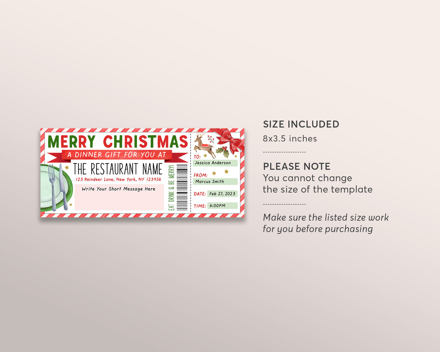 Christmas Restaurant Gift Voucher Editable Template, Xmas Holiday Dinner Date Gift Certificate Invite Printable Winter Dining Night Out Gift