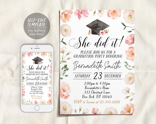 Graduation Floral Invitation Editable Template