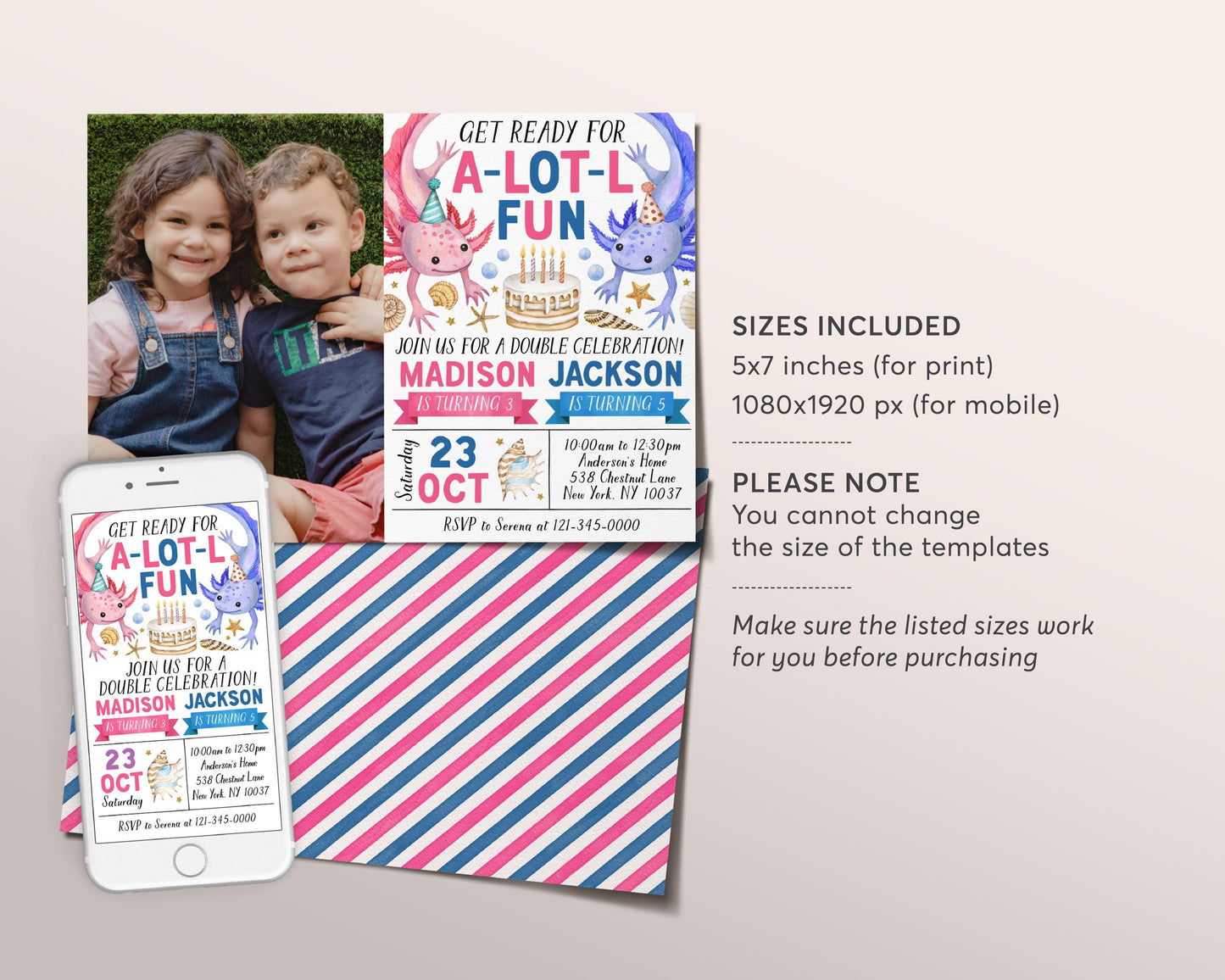 Axolotl Joint Siblings Birthday Invitation Editable Template, Boy Girl Twins Axolotl Theme Alotl Fun Party Invite, Under The Sea Lake Evite