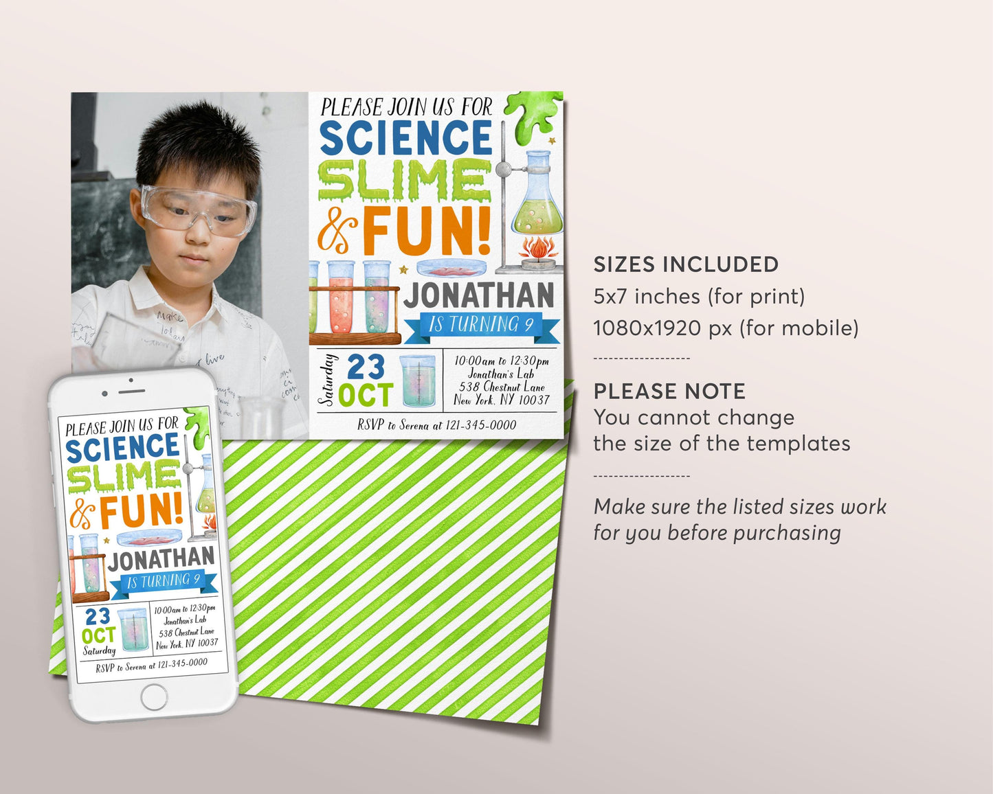 Science Slime Birthday Invitation With Photo Editable Template, Boy Scientist Slime Experiment Party Invite, Kid Professor Science Lab Evite