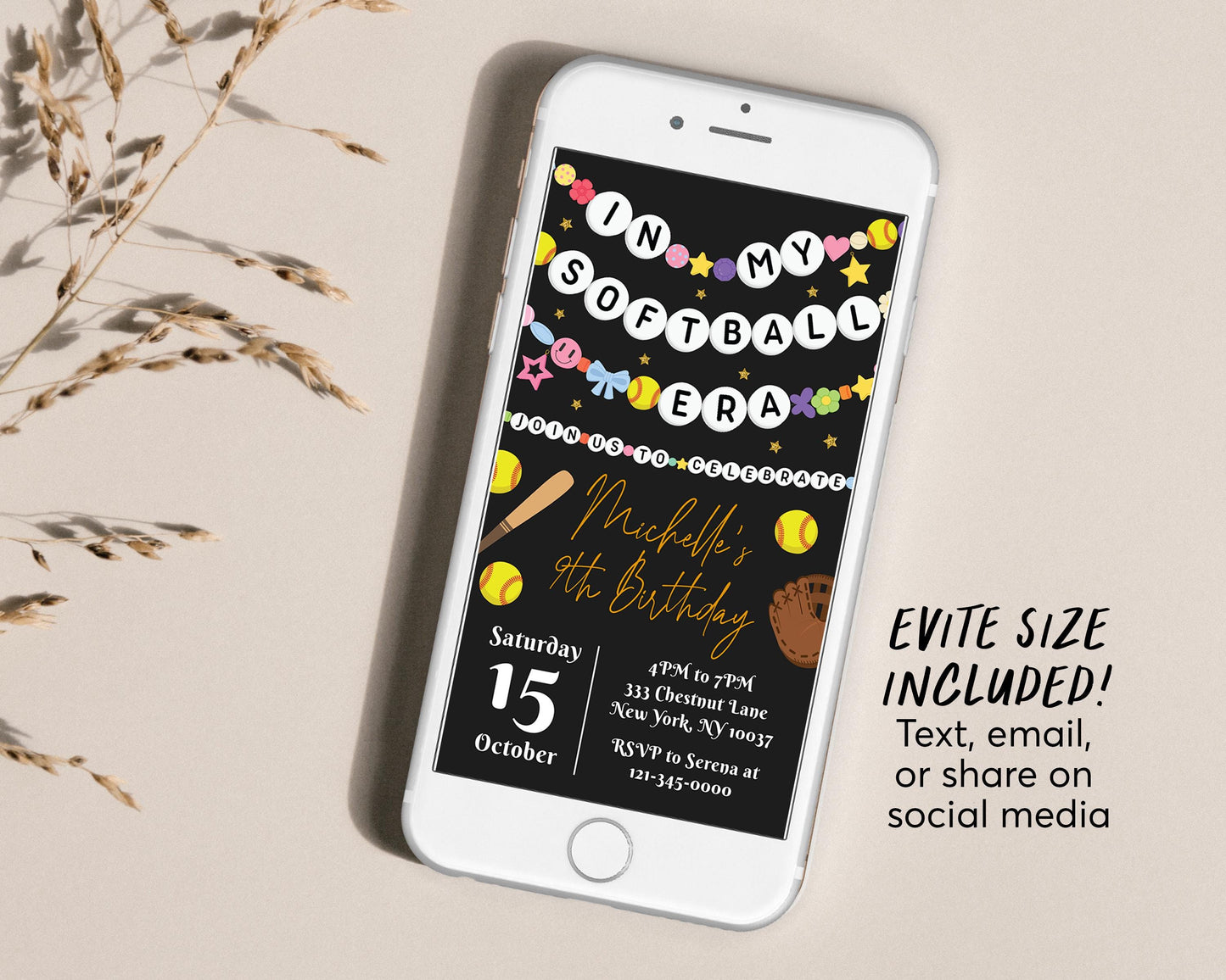 In My Softball Era Birthday Invitation With Photo Editable Template, Softball Friendship Bracelet Party Invite, Sports Black Gold Eras Evite