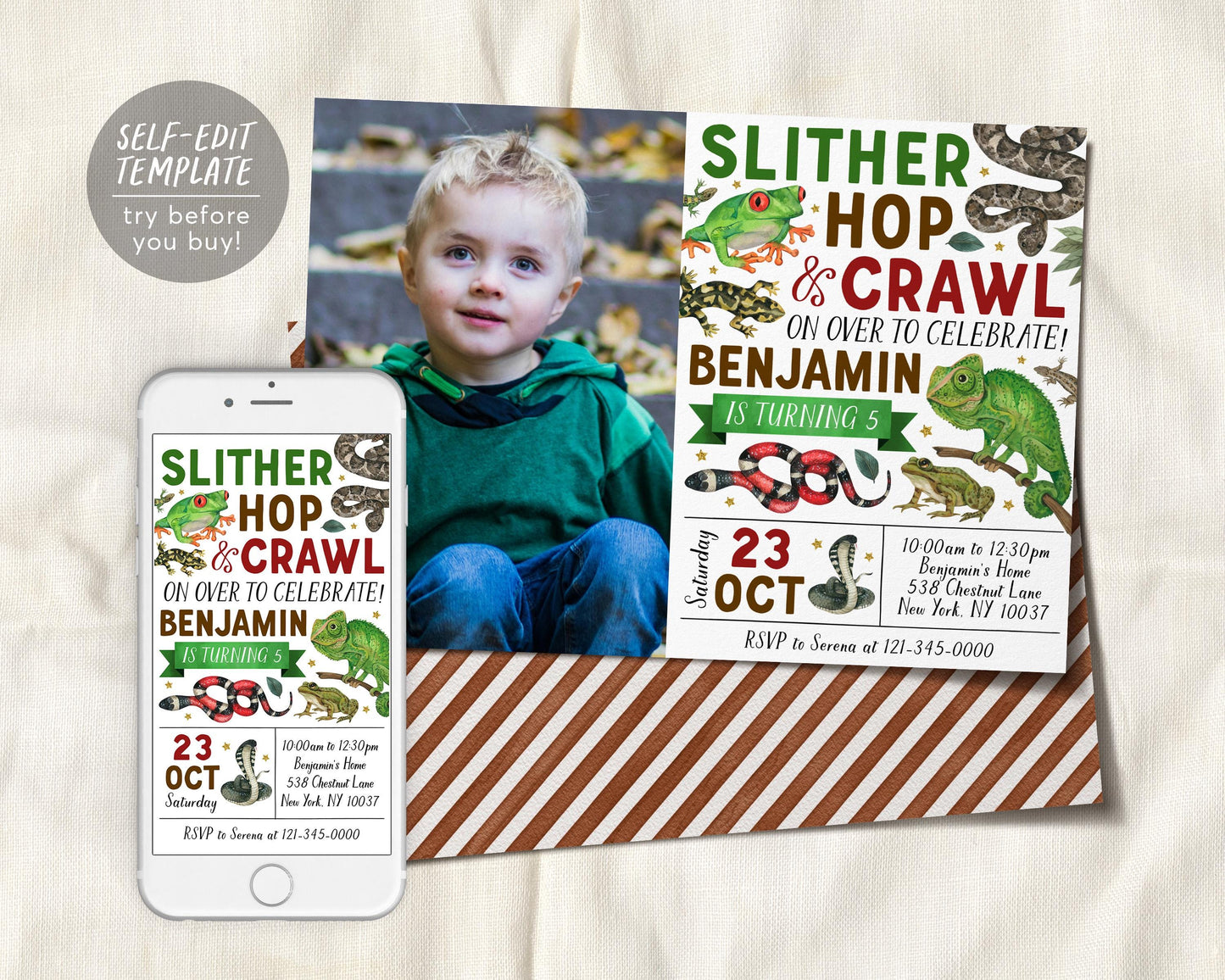 Reptile Birthday Invitation With Photo Editable Template