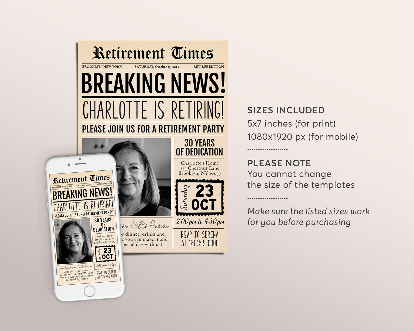 Retirement Newspaper Invitation Editable Template, Retirement Surprise Party Any Job Vintage Newspaper Invite, Retire Career Farewell Evite