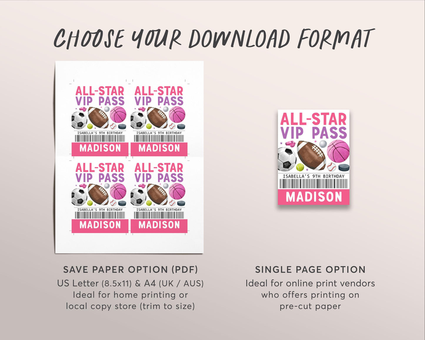 Sports Birthday All Star VIP Pass Editable Template, Girl Game Time Party All Access Pass, Baseball Football Name Insert ID Badge Lanyard