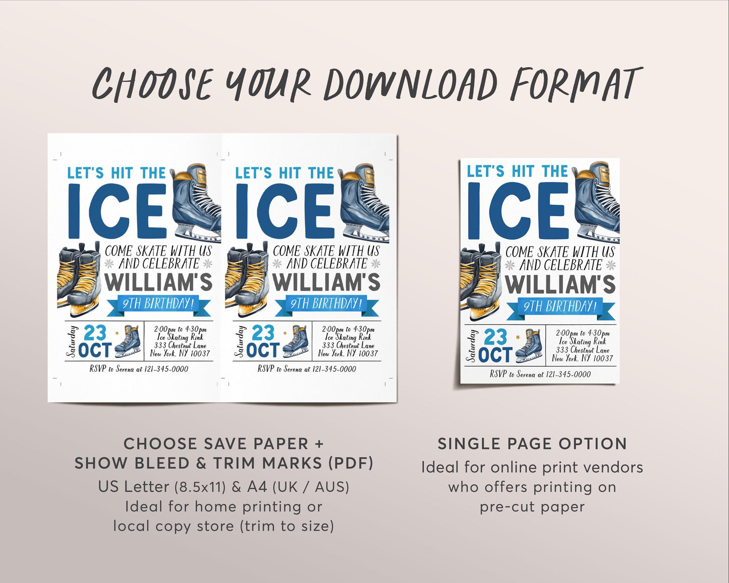 Ice Skating Birthday Invitation Editable Template, Boy Ice Hockey Skating Party Invite, Let's Hit The Ice Sports Winter Skate Rink Evite
