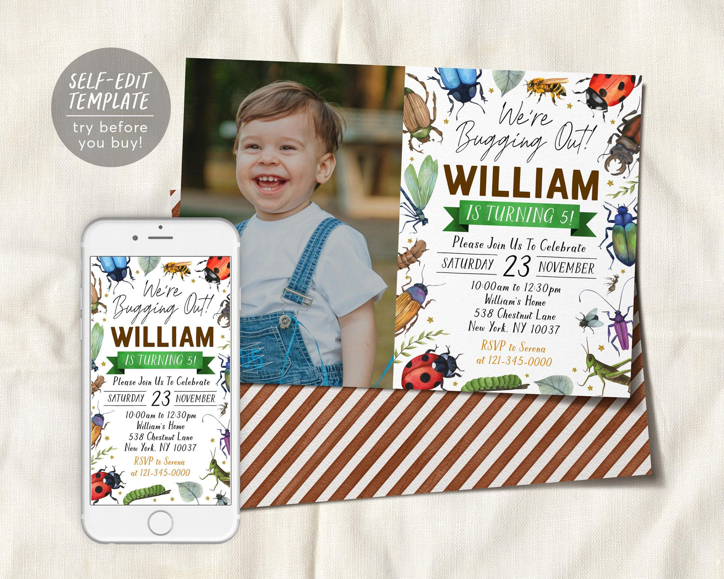Bugs Insect Birthday Invitation With Photo Editable Template