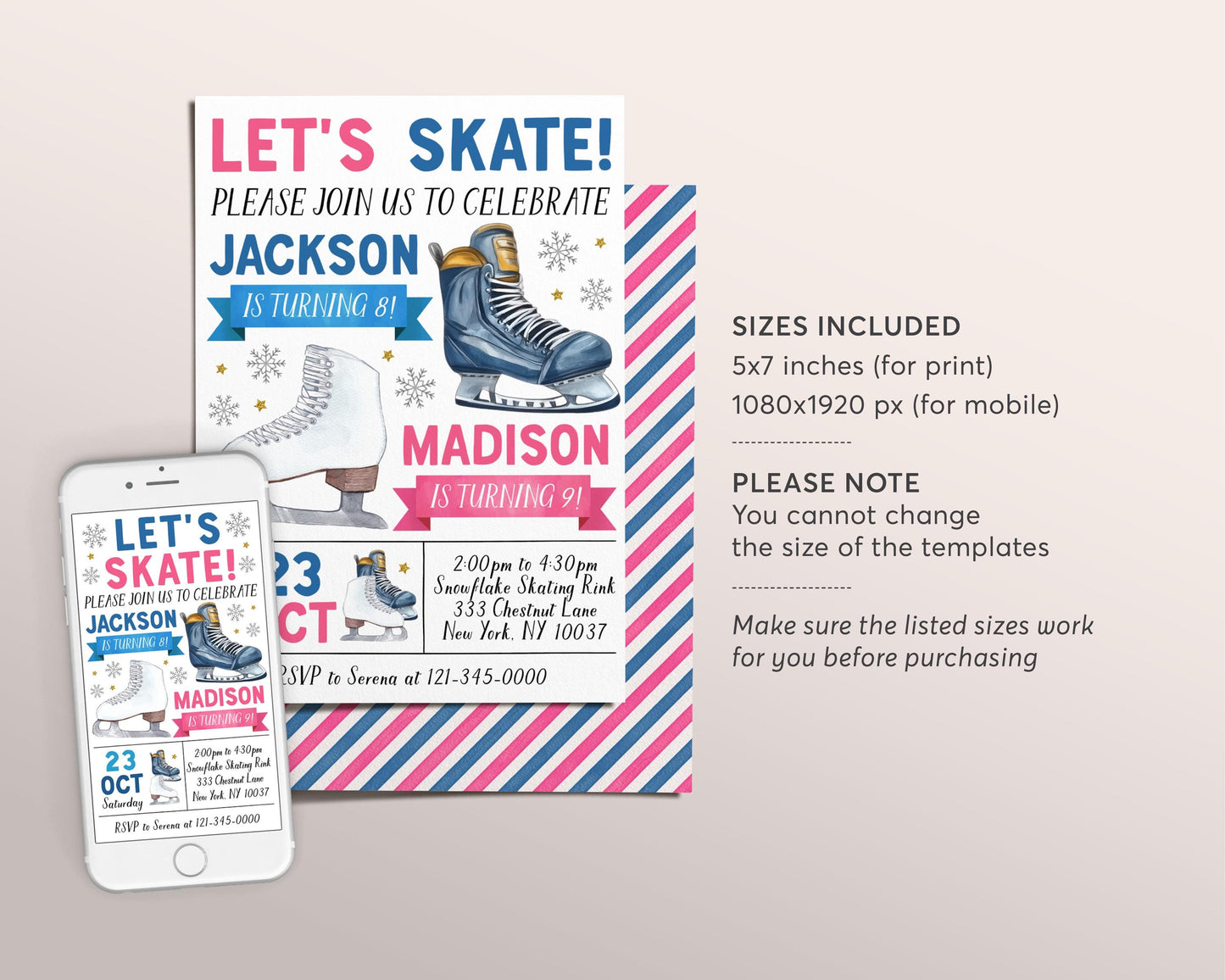 Ice Skating Joint Siblings Birthday Invitation Editable Template, Boy Girl Twins Ice Hockey Skating Party Invite, Sports Skate Rink Evite