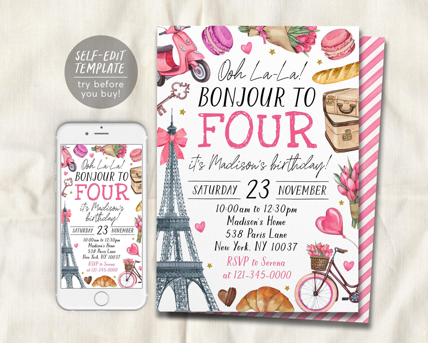 Paris Theme 4th Fourth Birthday Invitation Editable Template