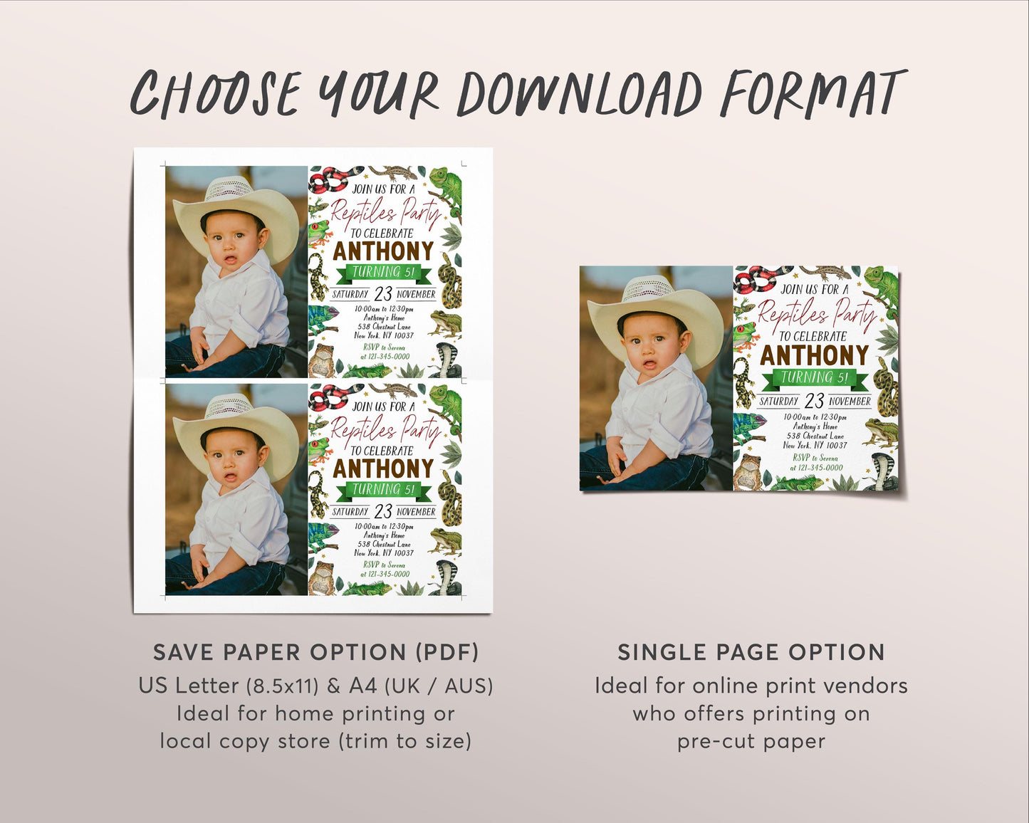 Reptiles Birthday Invitation With Photo Editable Template, Boy Reptile Nature Theme Party Invite, Kids Snake Lizard Frog Creepy Crawly Evite