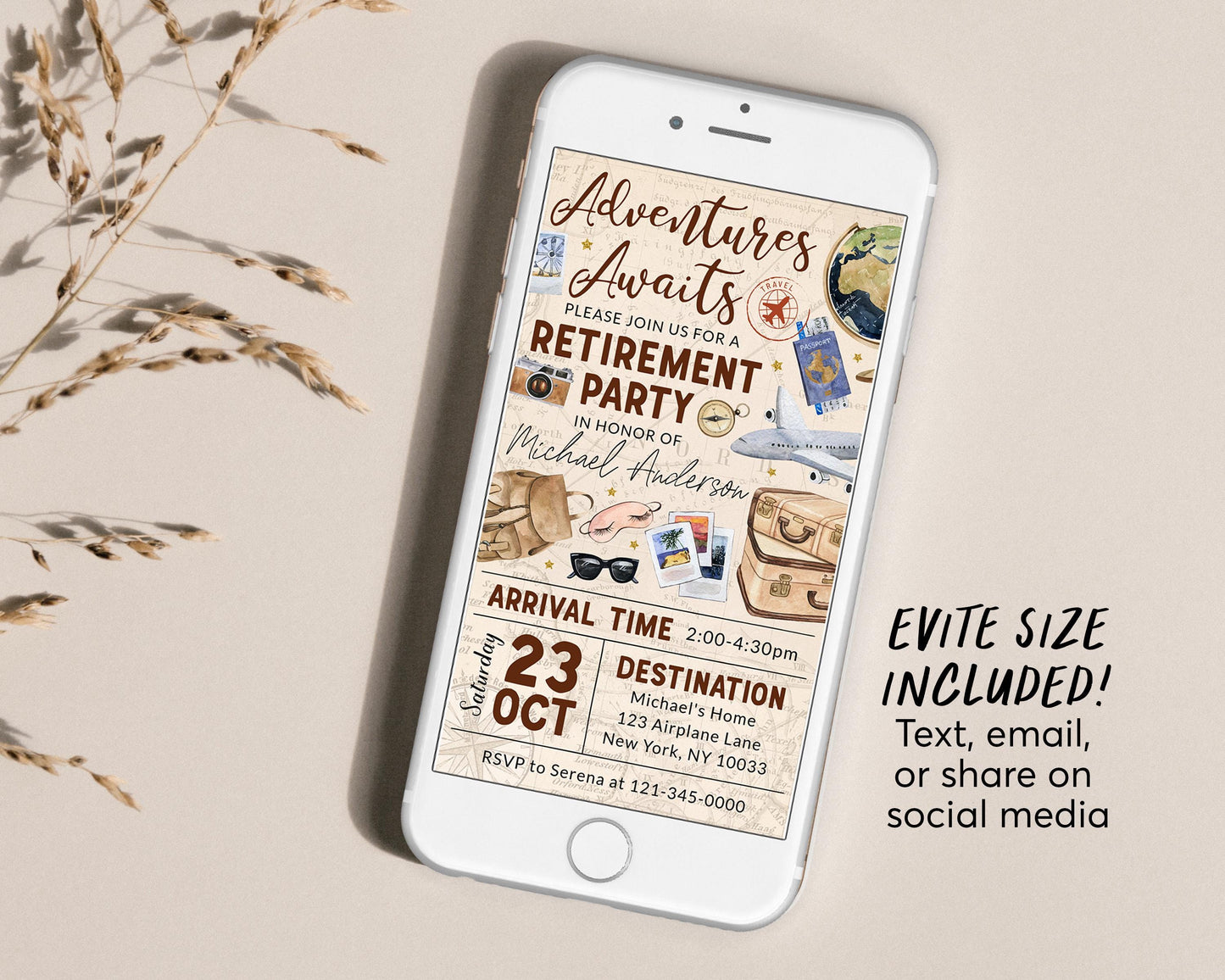 Travel Retirement Invitation With Photo Editable Template, Adventure Awaits Retirement Farewell Party Invite, Vintage Map Airplane Evite