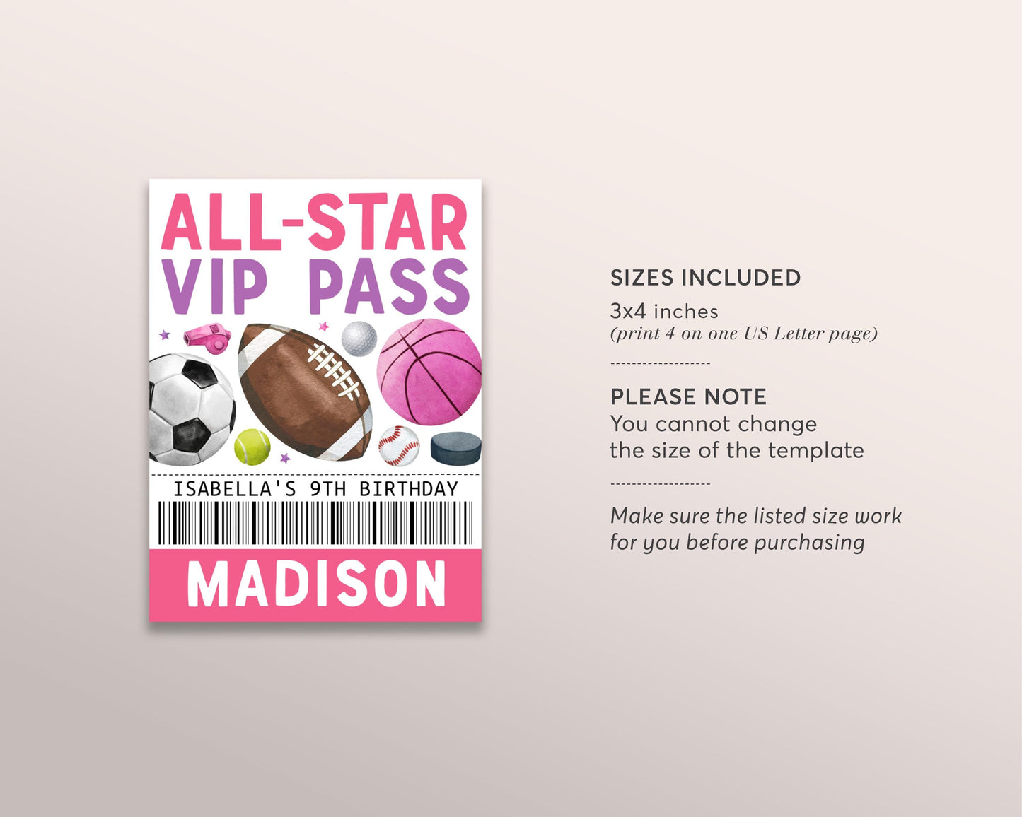 Sports Birthday All Star VIP Pass Editable Template, Girl Game Time Party All Access Pass, Baseball Football Name Insert ID Badge Lanyard