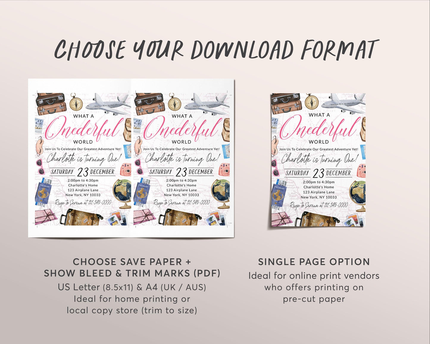 What A Onederful World First Birthday Invitation Editable Template, Girl Travel Around the World Party Invite, Vintage World Map Plane Evite