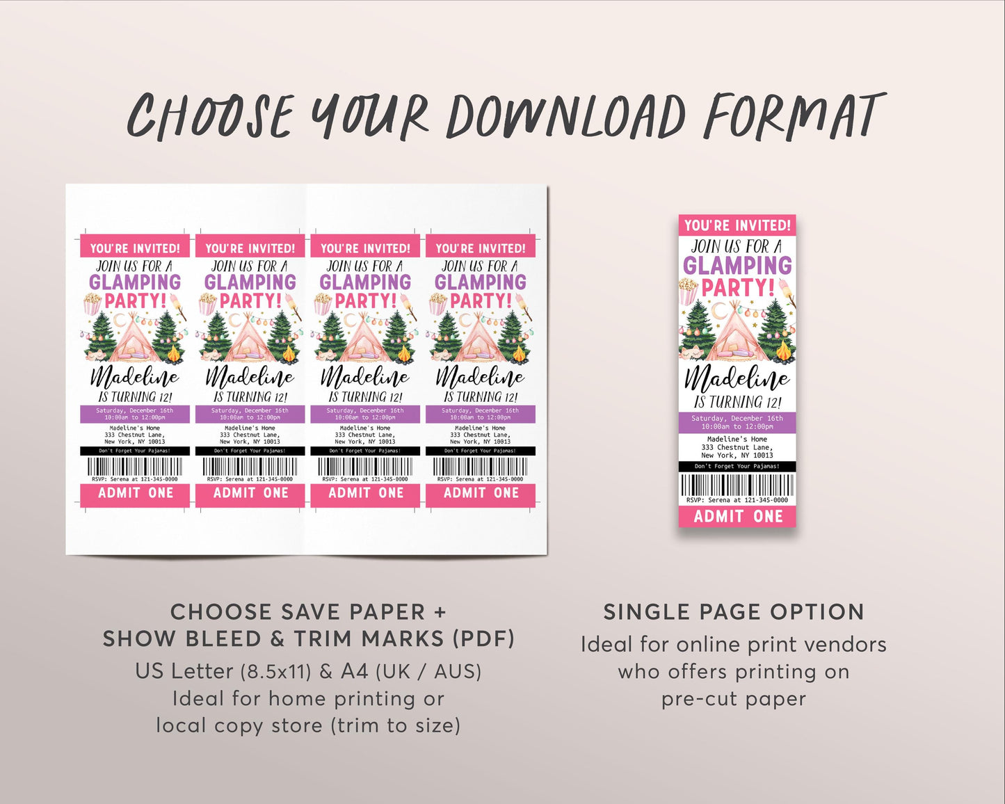 Glamping Birthday Ticket Invitation Editable Template, Girl Outdoor Camp Out Party Invite, Camping Tent Sleepover Hiking Bonfire Evite