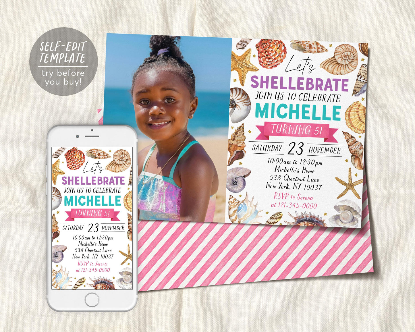 Seashell Birthday Invitation With Photo Editable Template