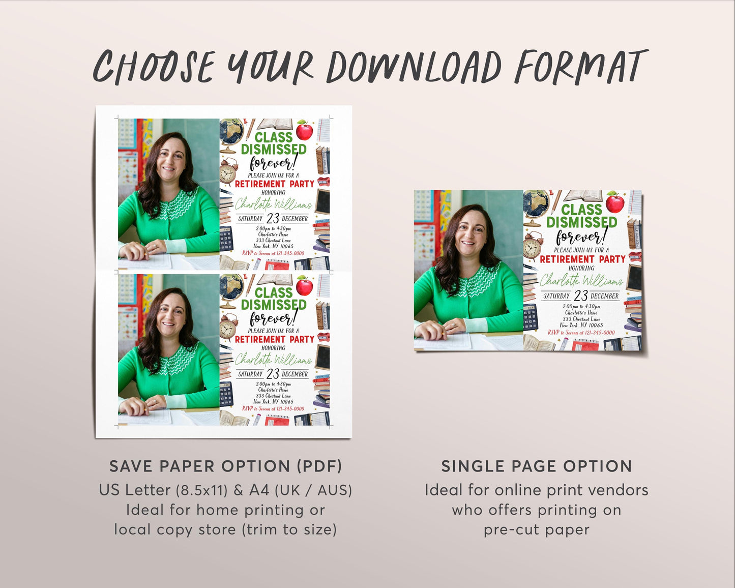 Teacher Retirement Invitation With Photo Editable Template, Class Dismissed Forever Party Invite, Principal Professor Retirement Celebration