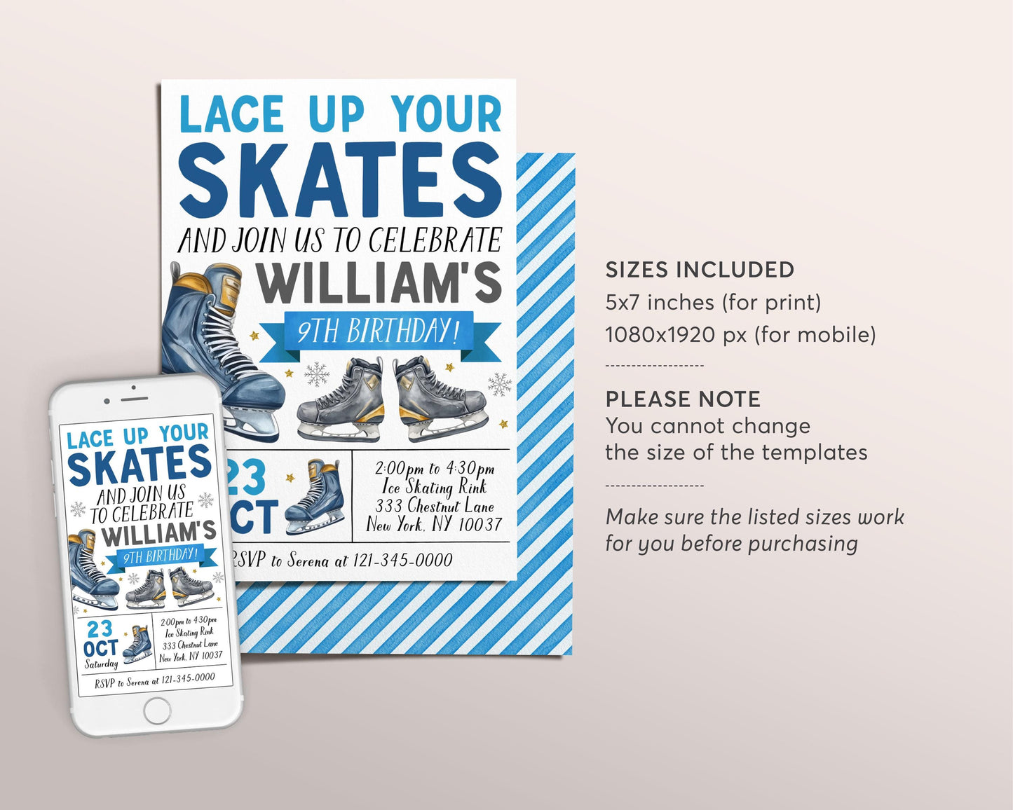 Ice Skating Birthday Invitation Editable Template, Boy Ice Hockey Skating Party Invite, Kids Lace Up Your Skates Sports Skate Rink Evite