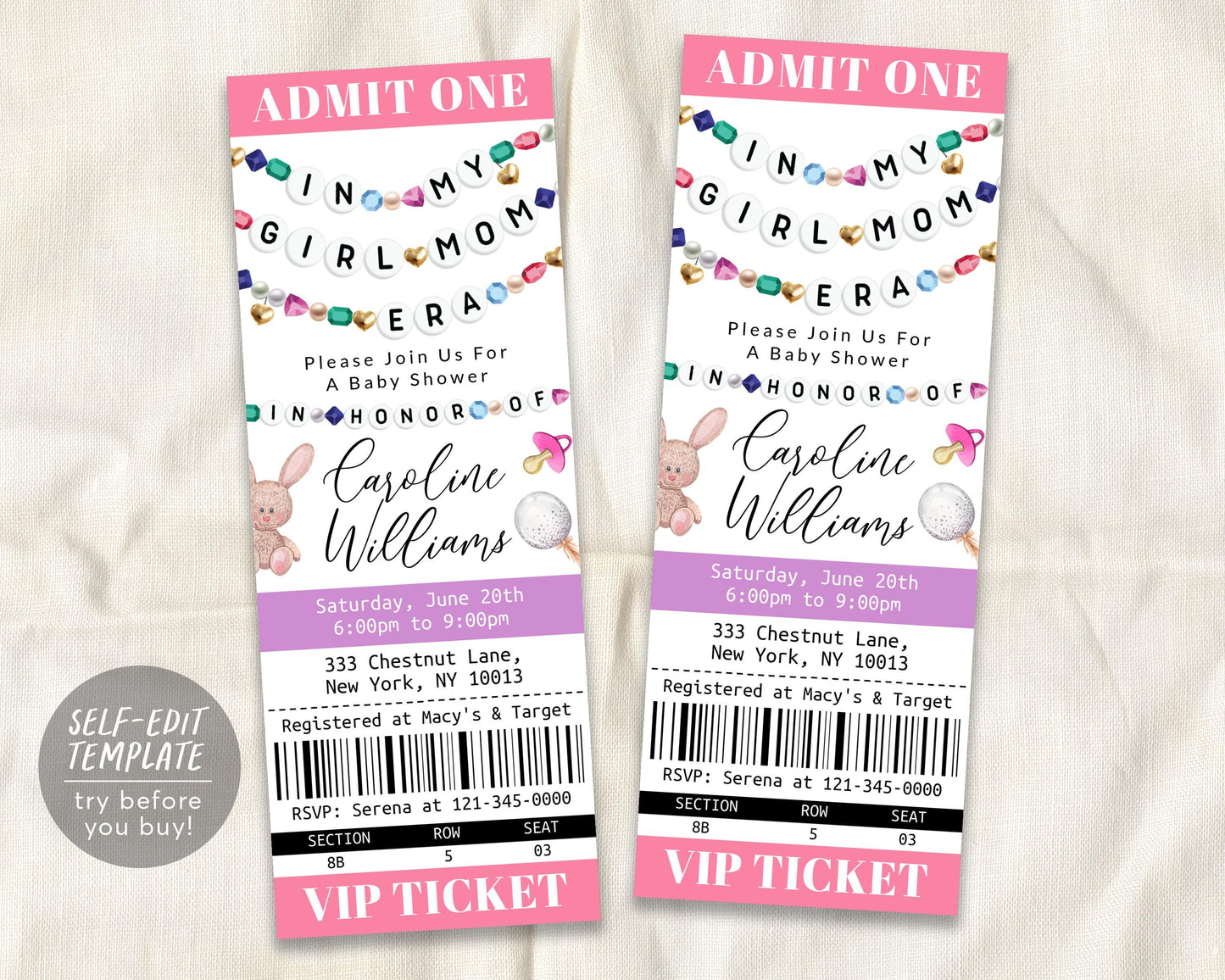 In My Girl Mom Era Baby Shower Ticket Invitation Editable Template