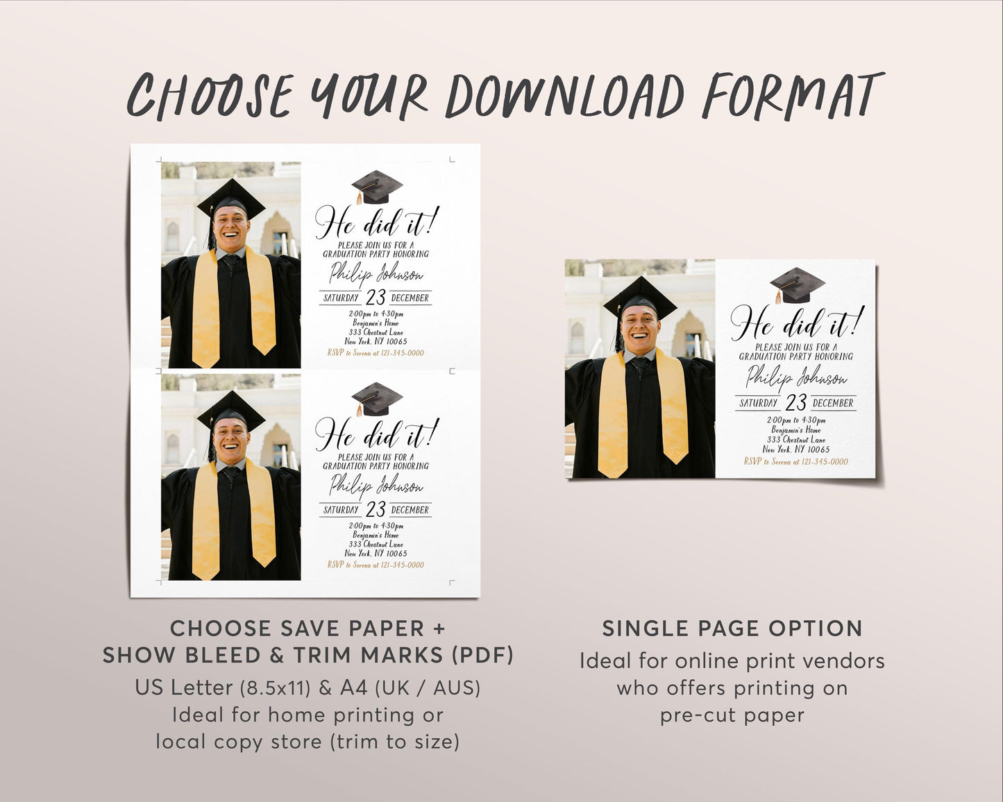 Graduation Invitation With Photo Editable Template, He did it Graduation Announcement Party Invite for Him, Grad College High School Evite