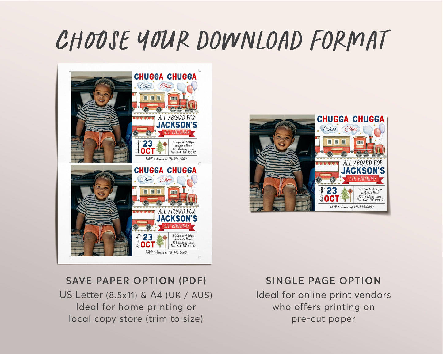 Train Birthday Invitation With Photo Editable Template, Chugga Choo Train Boarding Pass Party Invite, All Aboard The Birthday Express Evite
