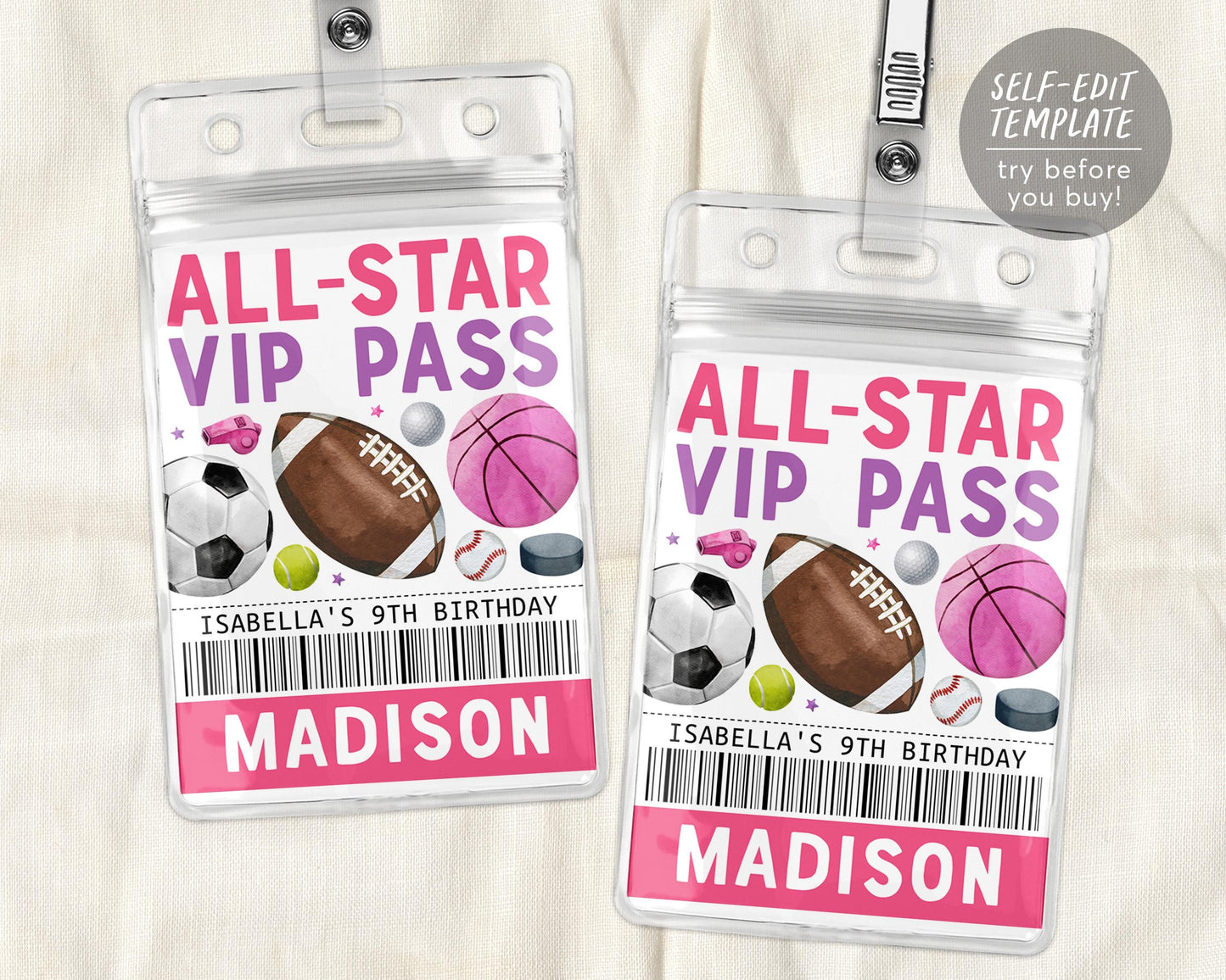 Sports Birthday All Star VIP Pass Editable Template