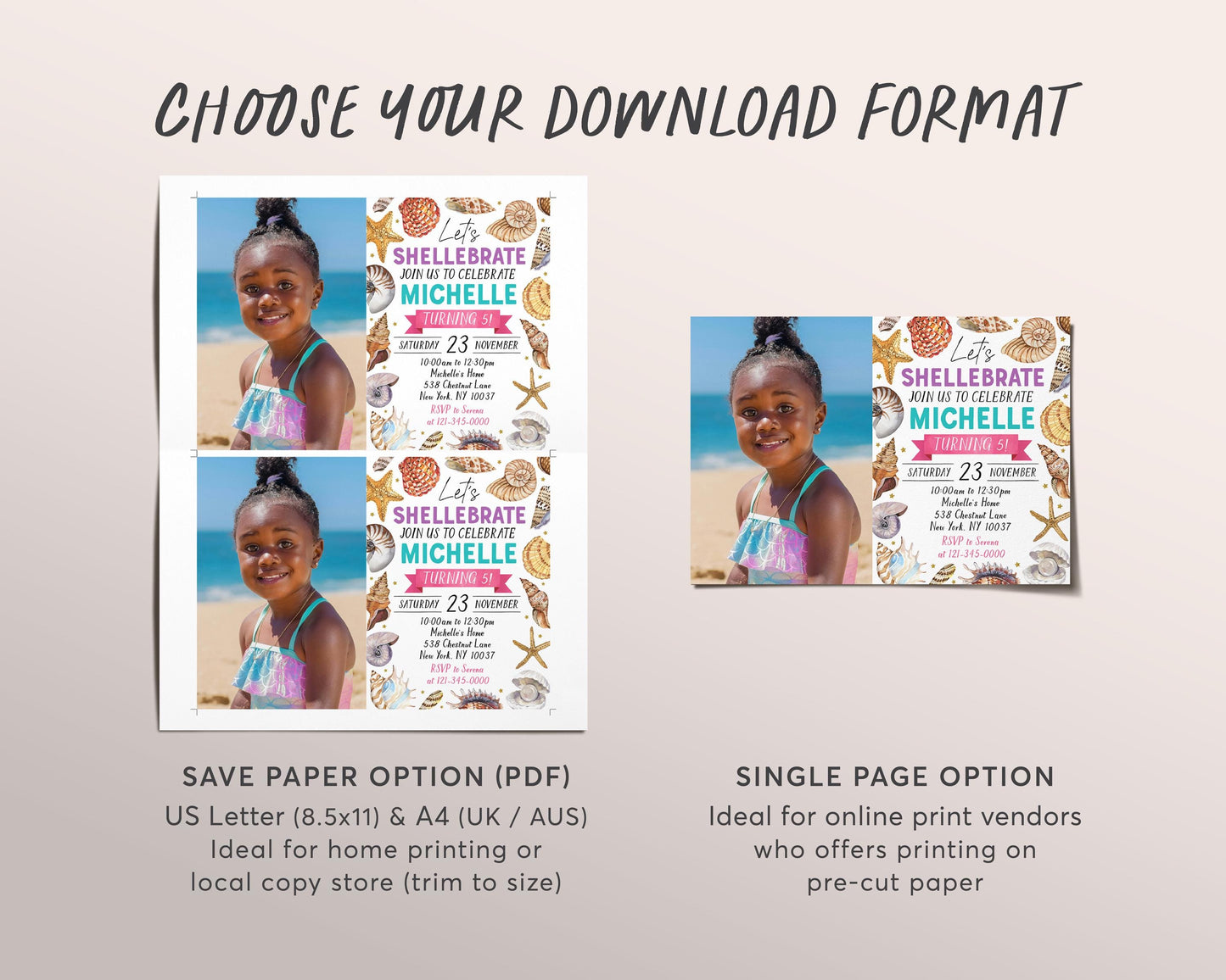 Seashell Birthday Invitation With Photo Editable Template, Girl Let's Shellebrate Sea Shell Theme Invite, Under The Sea Coastal Beach Evite
