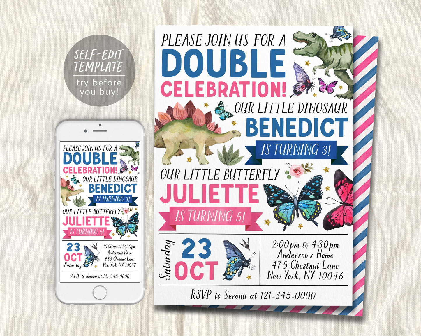Dinosaur Butterfly Joint Siblings Birthday Invitation Editable Template