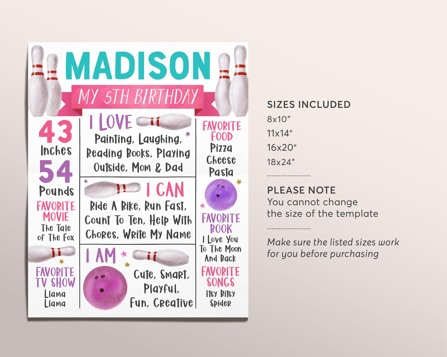 Bowling Birthday Milestone Sign Editable Template, Girl Bowling Alley Party Stat Poster, Kids Bowling Ball Pin One Year Board Banner Decor