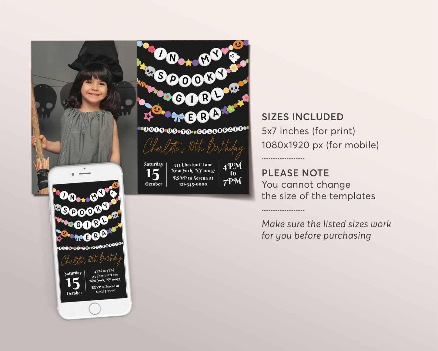 In My Spooky Girl Era Birthday Invitation With Photo Editable Template, Halloween Ghost Friendship Bracelet Party Invite Black Gold Evite