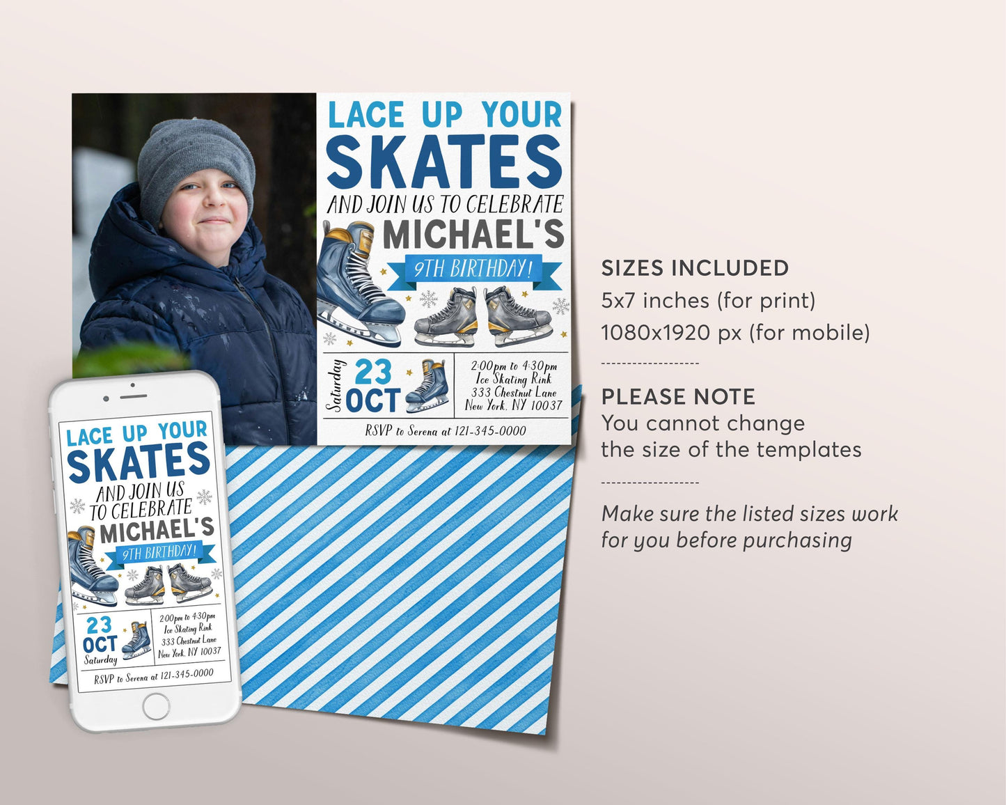 Ice Skating Birthday Invitation With Photo Editable Template, Boy Ice Hockey Skating Party Invite, Kids Lace Up Your Skates Skate Rink Evite