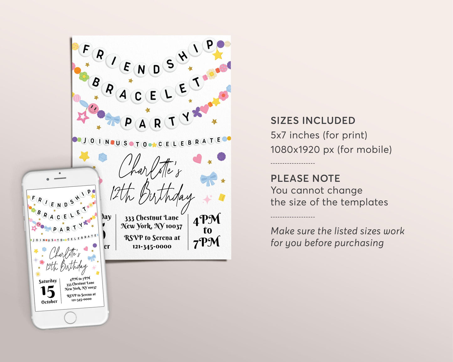 Friendship Bracelet Birthday Invitation Editable Template, Bracelet Making Party Invite, Let's Party Girl Jewelry Making Beads Party Evite