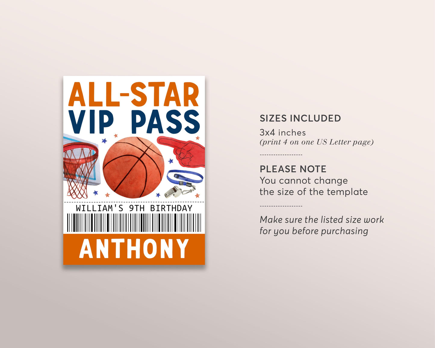 Basketball Birthday All Star VIP Pass Editable Template, Basketball Slam Dunk Party All Access Pass, Guest Name Tag Insert ID Badge Team