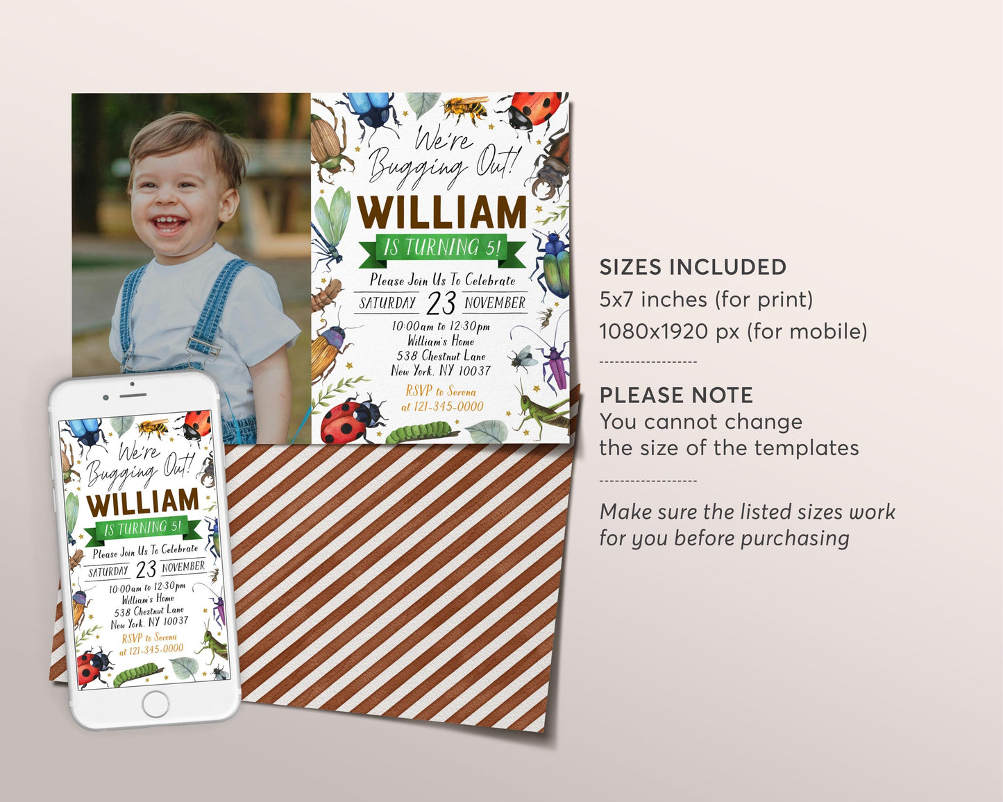 Bugs Insect Birthday Invitation With Photo Editable Template, We're Bugging Out Party Invite, Kids Nature Beetle Hunt Garden Party Evite